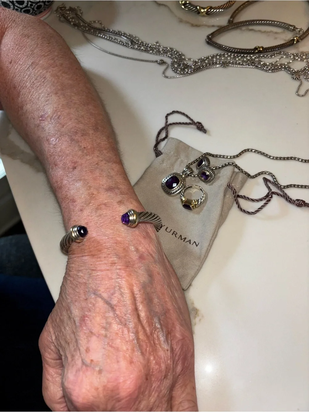 David Yurman Sterling Cable Cuff with Purple Terminals and Gold Accents